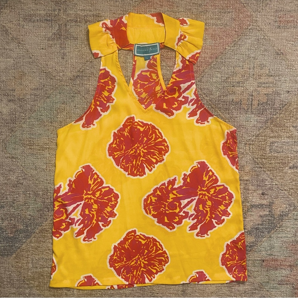 Southern Frock Sleeveless Floral Print Top with Ruffle Neck Detail